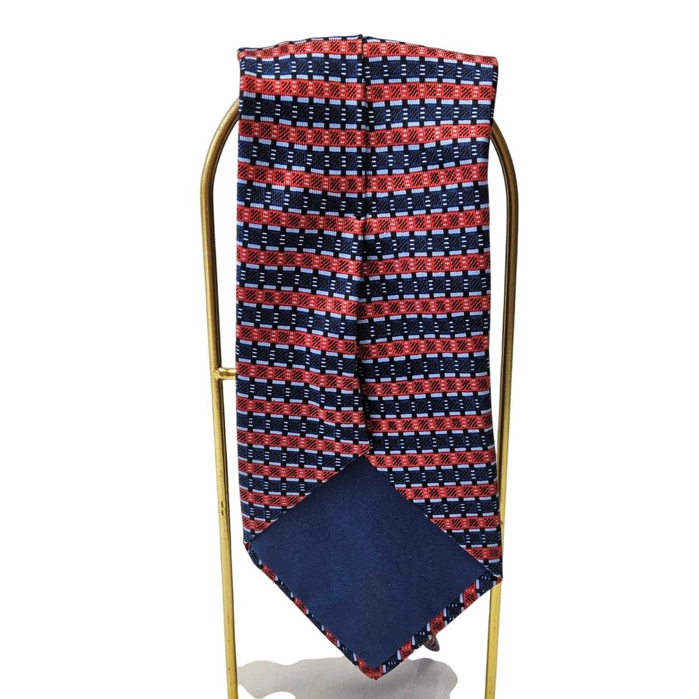 Hermes Silk Tie Mens One Size Red Blue Geometric Micro Pattern 816 EA France - Picture 2 of 11